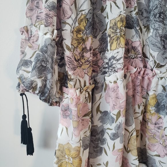 Boho Floral Print Tassel Long Sleeves Chiffon Dress - Picture 5 of 9